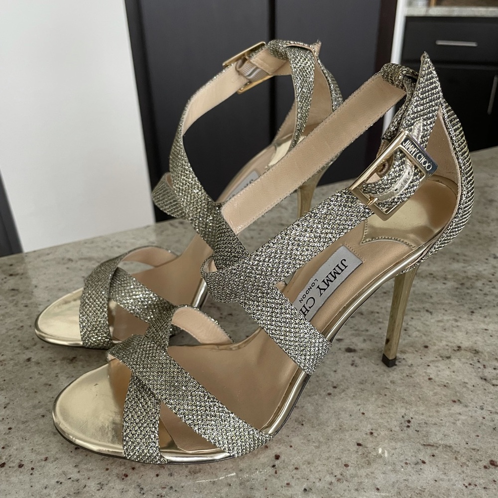 Jimmy Choo “Lottie” Champagne Glitter Strappy Heels
